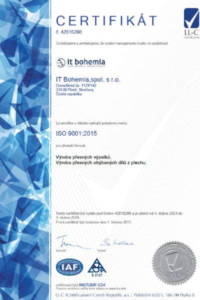 Certifikát CZ - ISO 9001-2015 platný 4.4.2023 - 3.4.2026